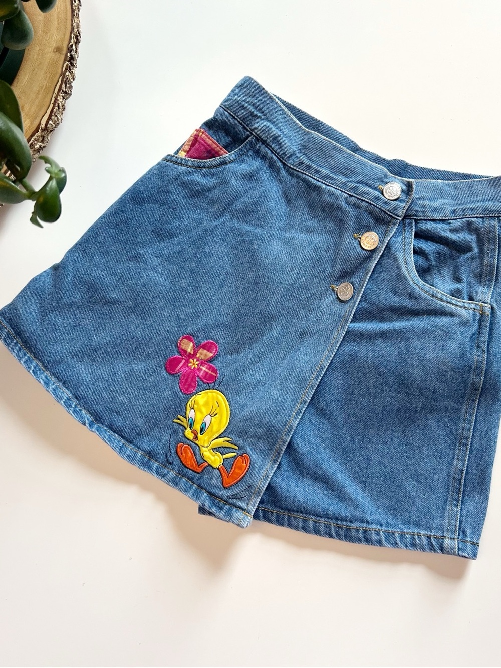 Vintage 1990’s Kids Looney Tunes Tweety Bird Denim Wrap Skort | Size 7